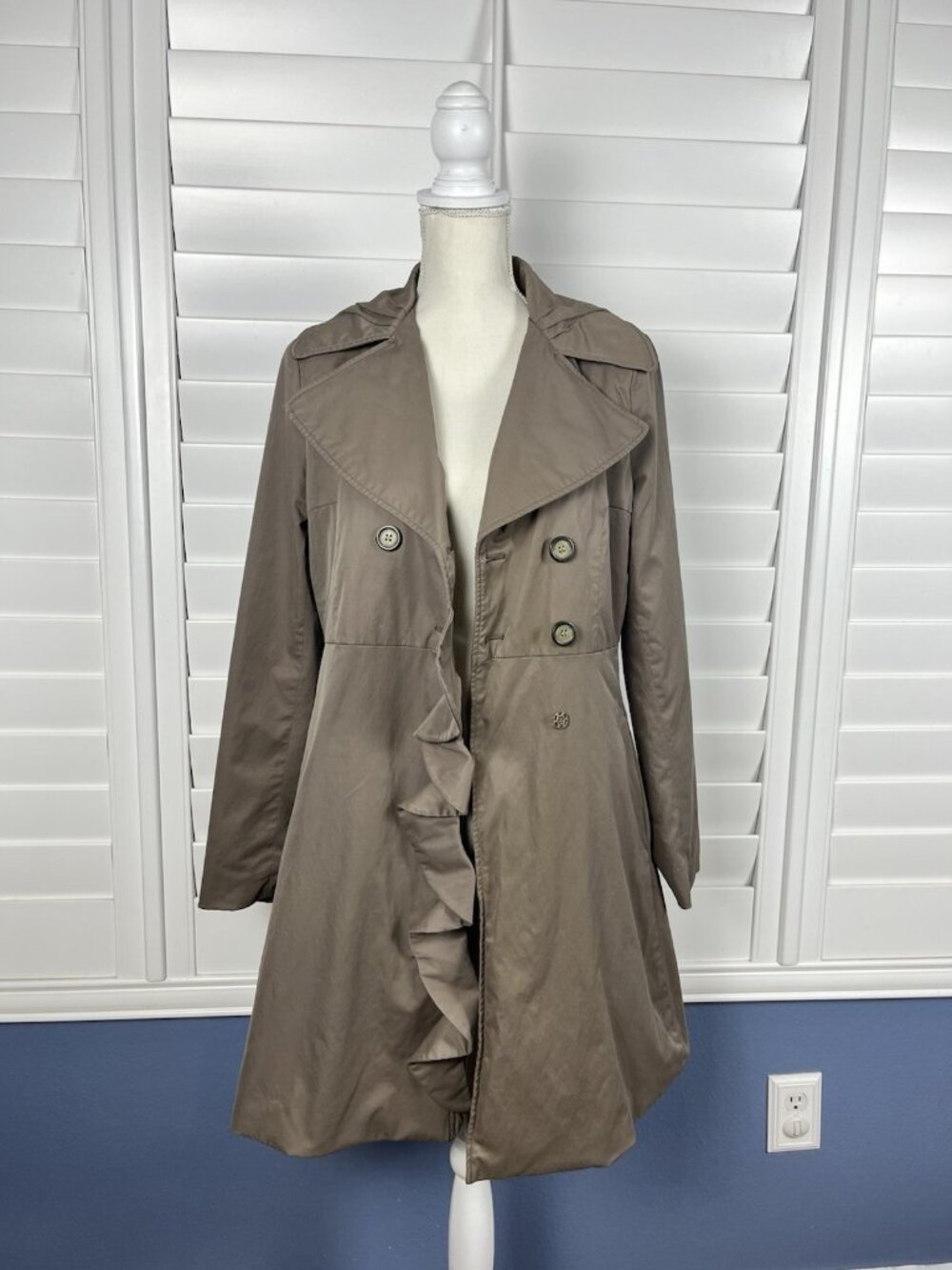 Cynthia Rowley Women’s Brown Ruffle Trench Coat Small Double Breasted